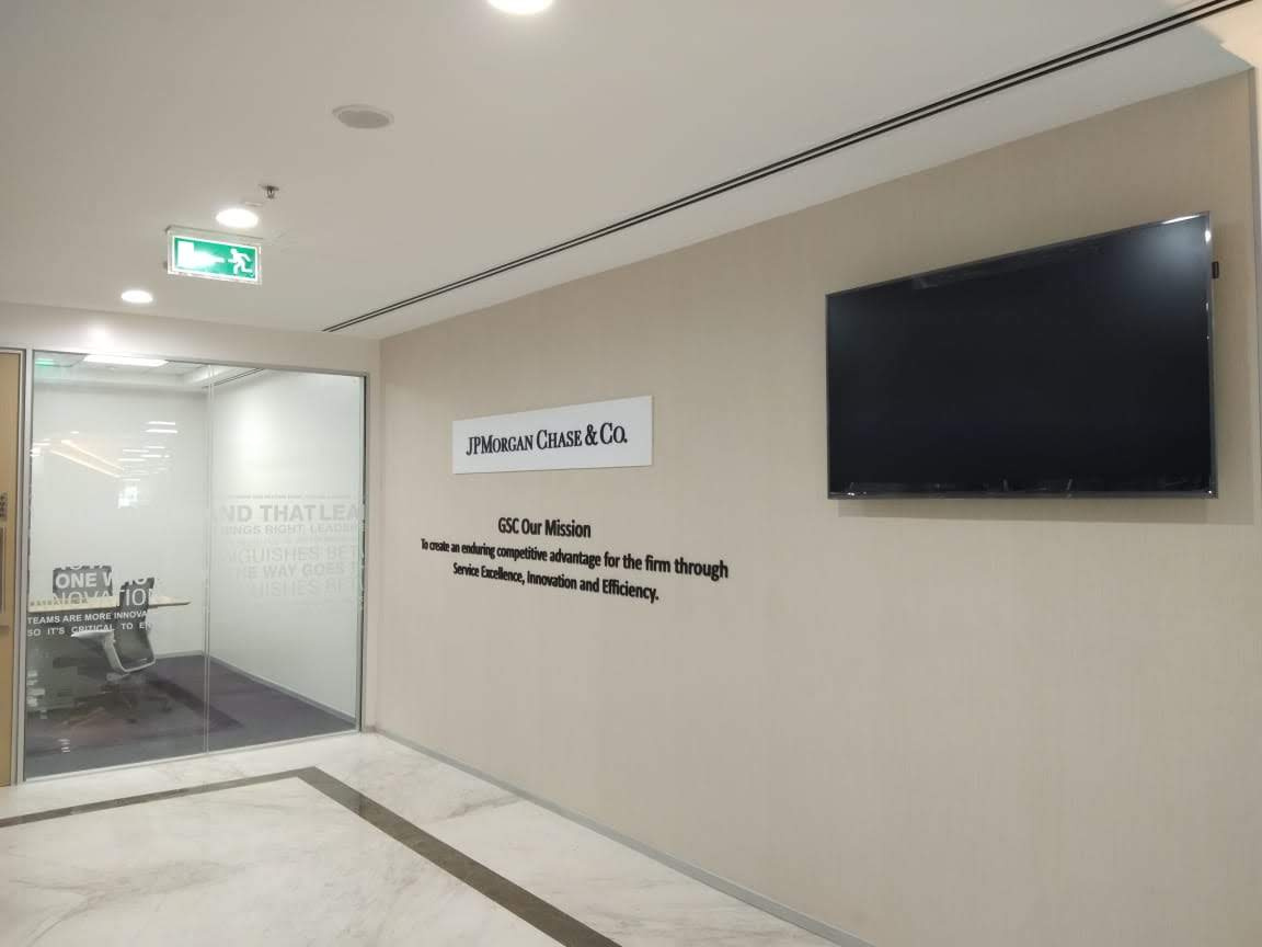 J.P. Morgan office wall and display